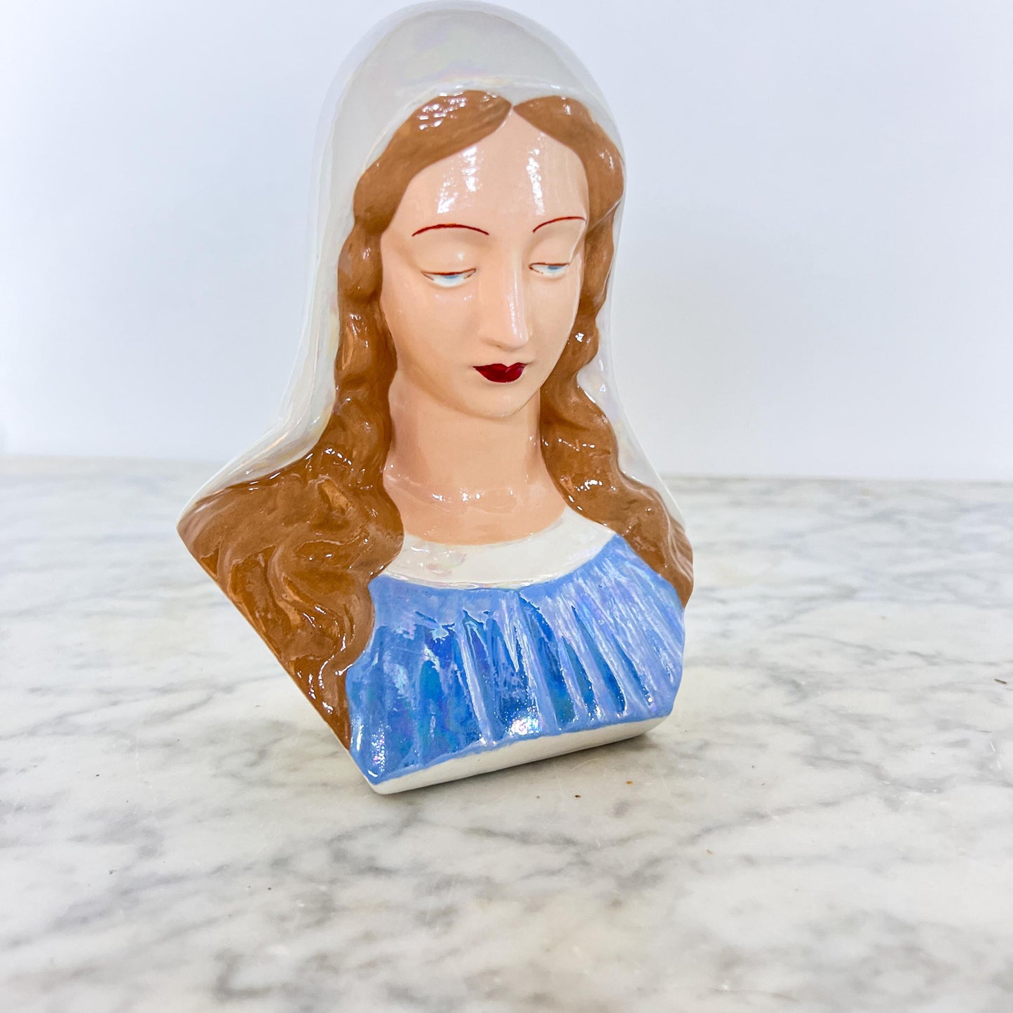 Mid-Century Madonna Bust – Blue Ceramic Religious Figure