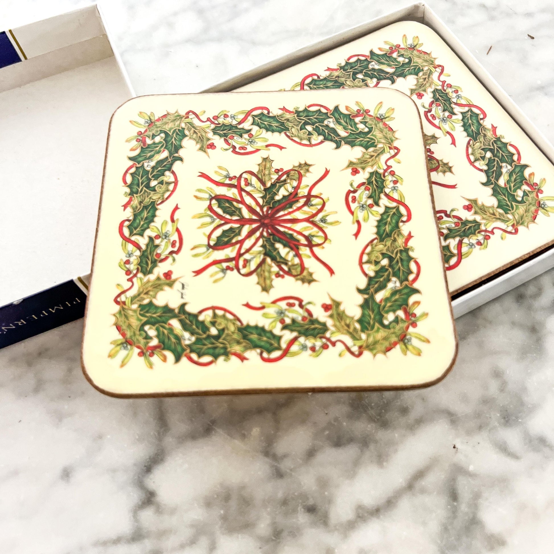 Pimpernel Festive Garland Coasters with Holly Wreath - Set of Six with Original Box