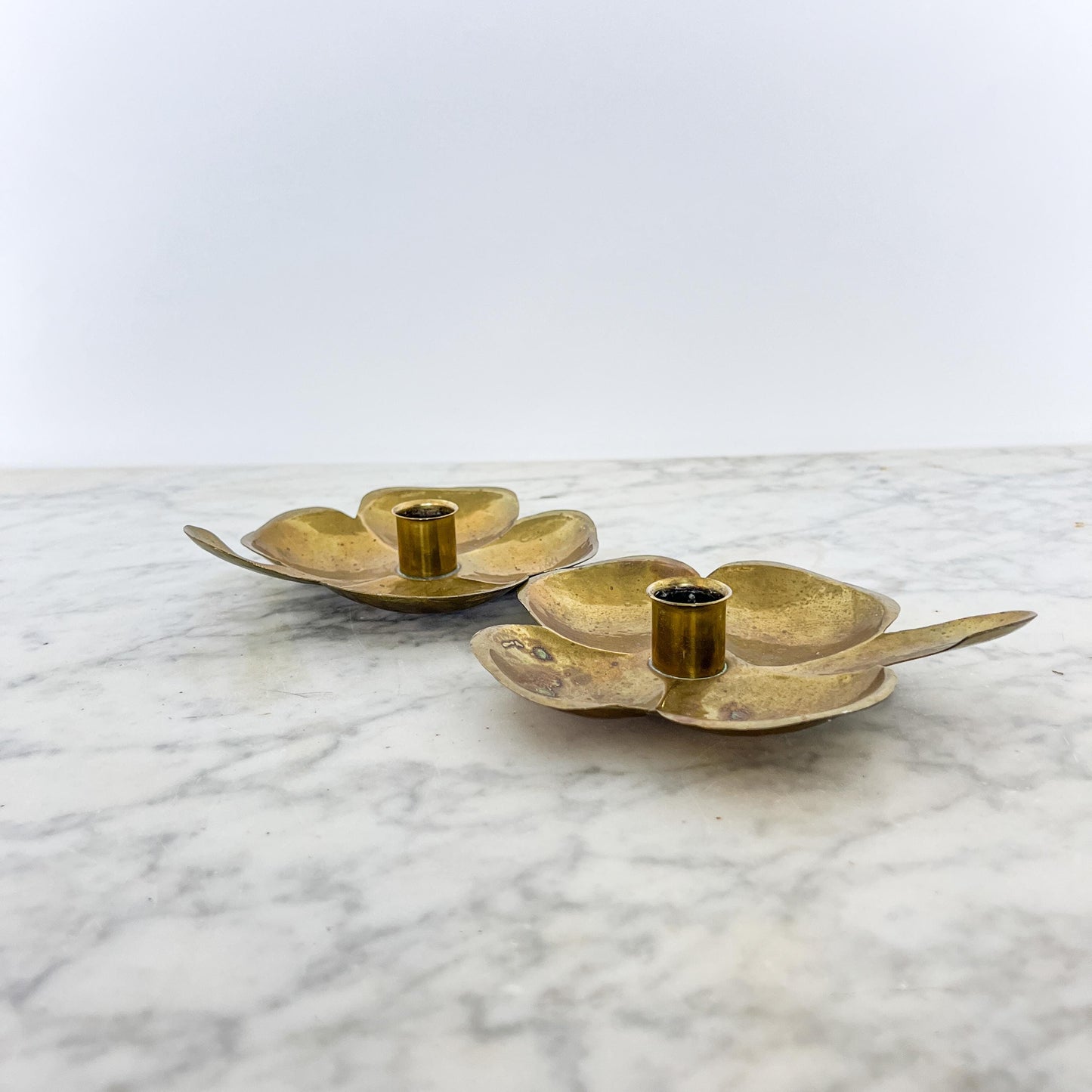 Vintage Swedish Brass Candleholders – Flower Petal Chamber Stick Pair