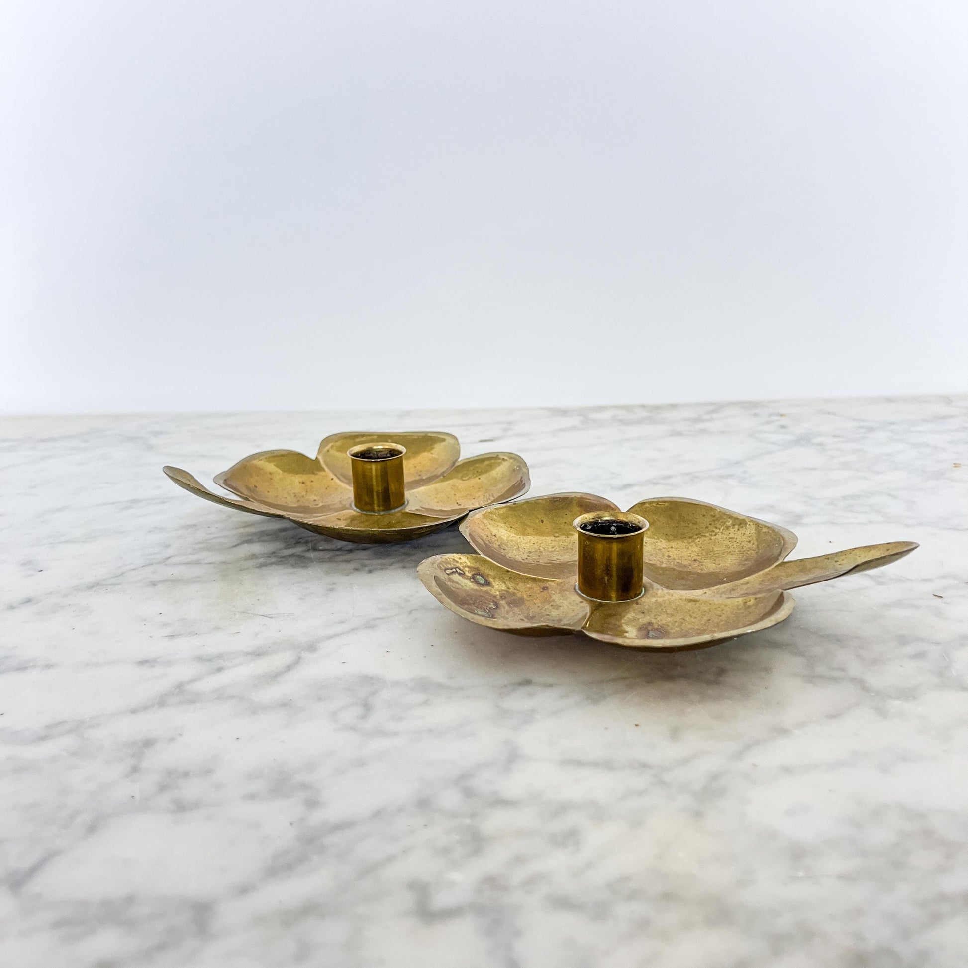 Vintage Swedish Brass Candleholders – Flower Petal Chamber Stick Pair