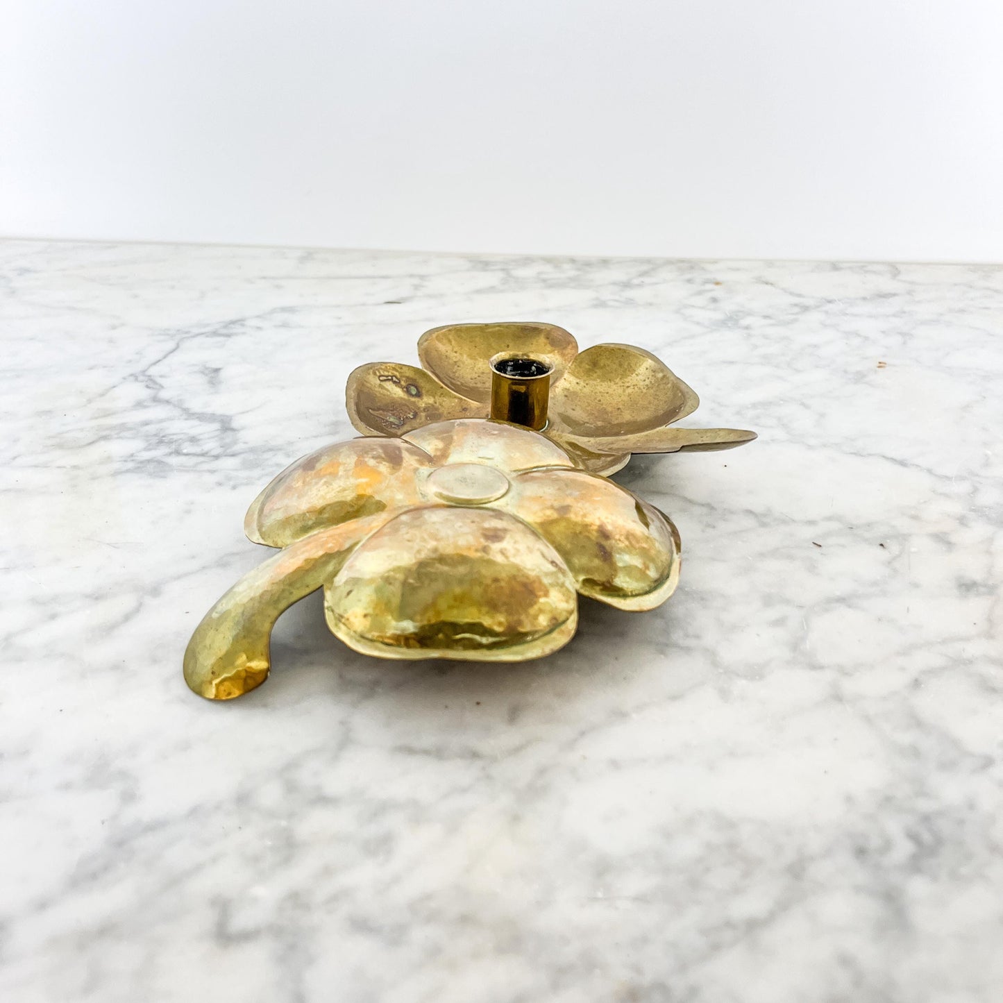 Vintage Swedish Brass Candleholders – Flower Petal Chamber Stick Pair