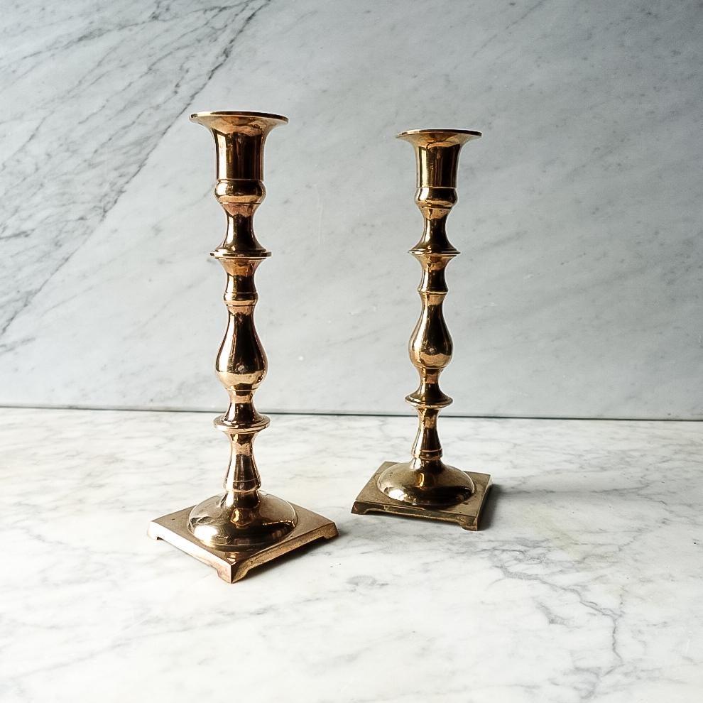 Vintage Brass Candlesticks – Tall Taper Holders with Square Base (Pair)