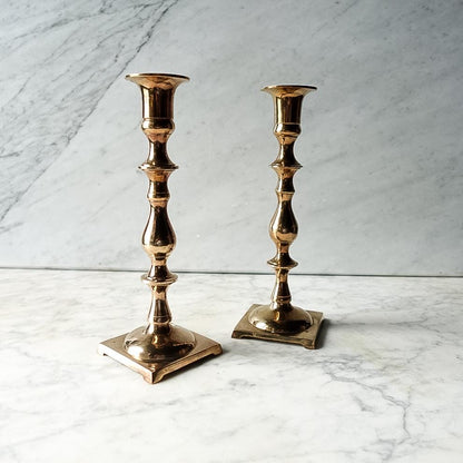 Vintage Brass Candlesticks – Tall Taper Holders with Square Base (Pair)