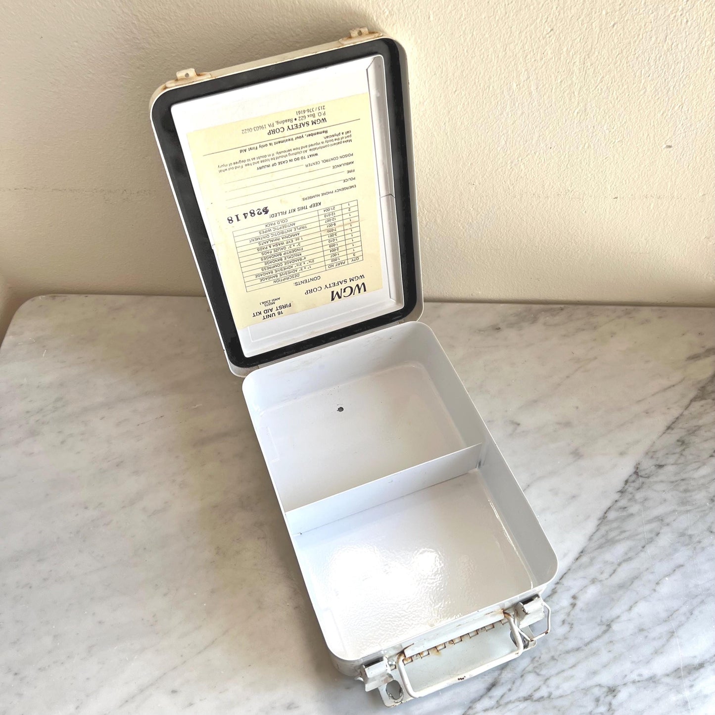 Vintage Metal First Aid Box – WGM Safety Corp Red & White Industrial Tin