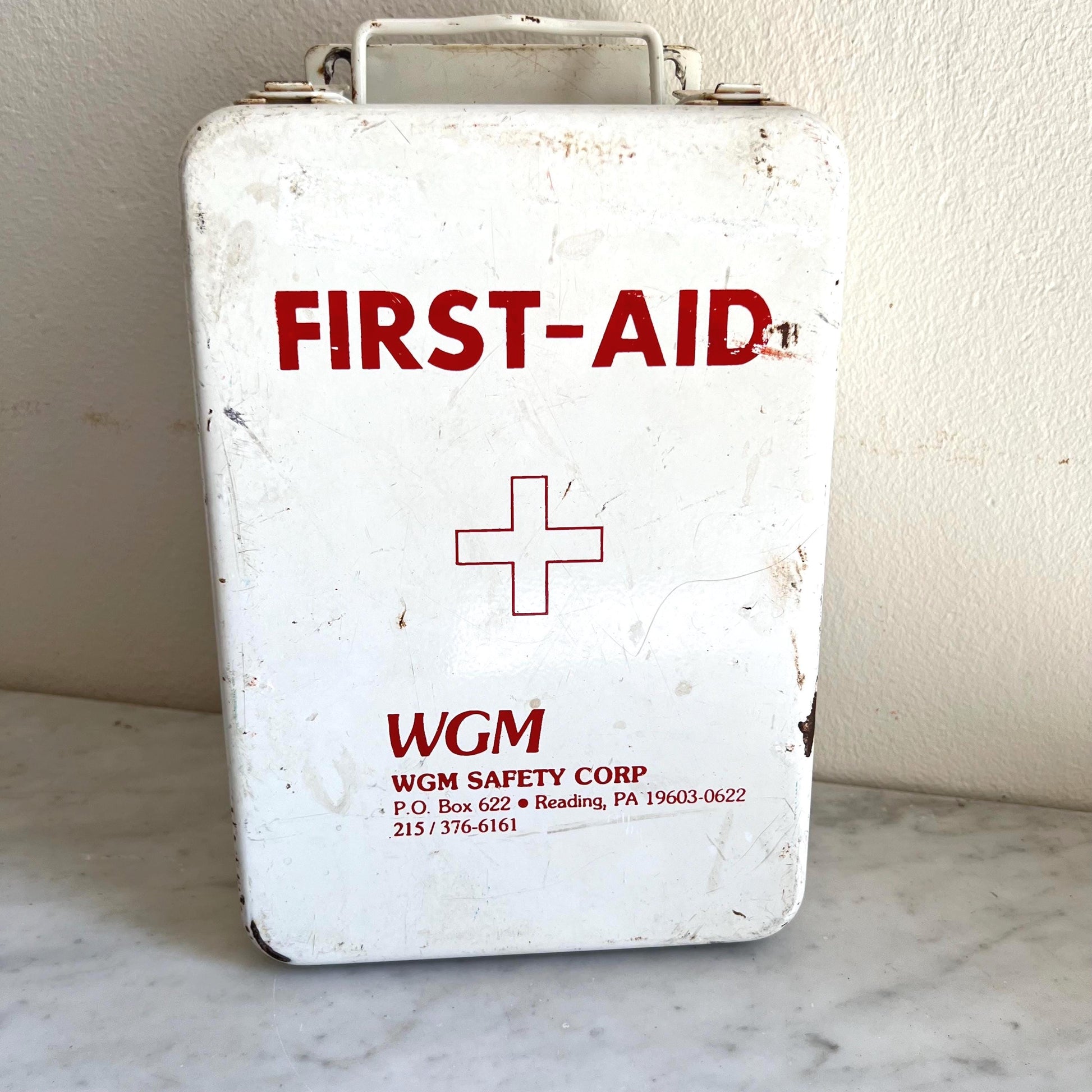 Vintage Metal First Aid Box – WGM Safety Corp Red & White Industrial Tin