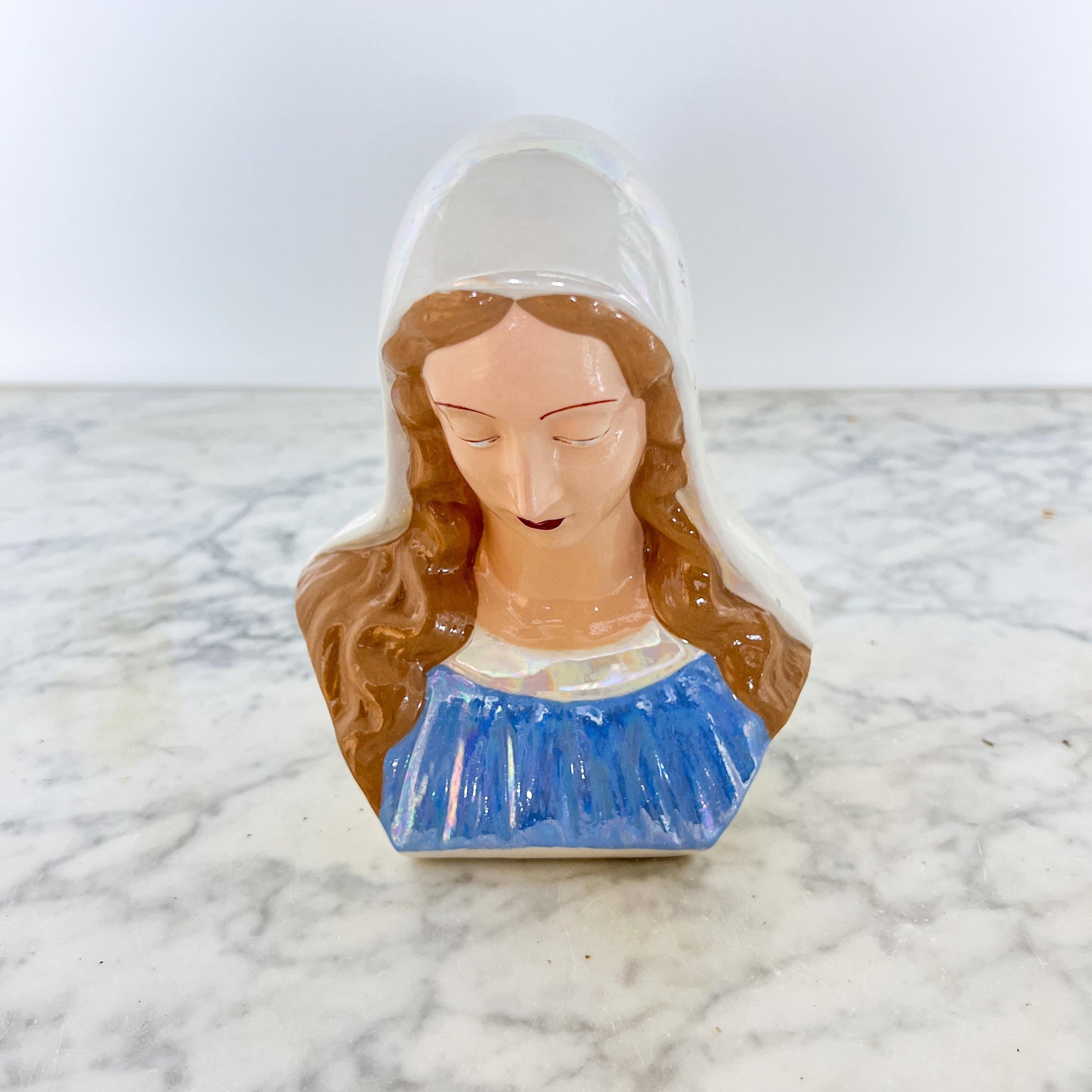 Mid-Century Madonna Bust – Blue Ceramic Religious Figure