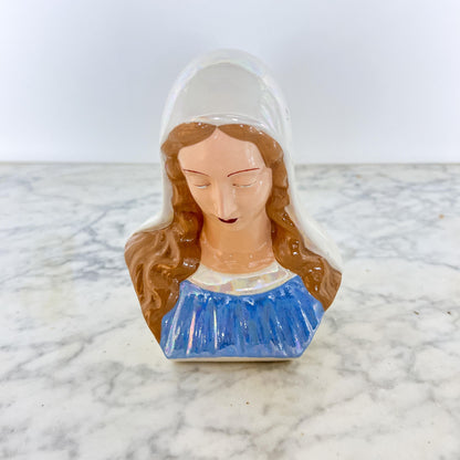 Mid-Century Madonna Bust – Blue Ceramic Religious Figure