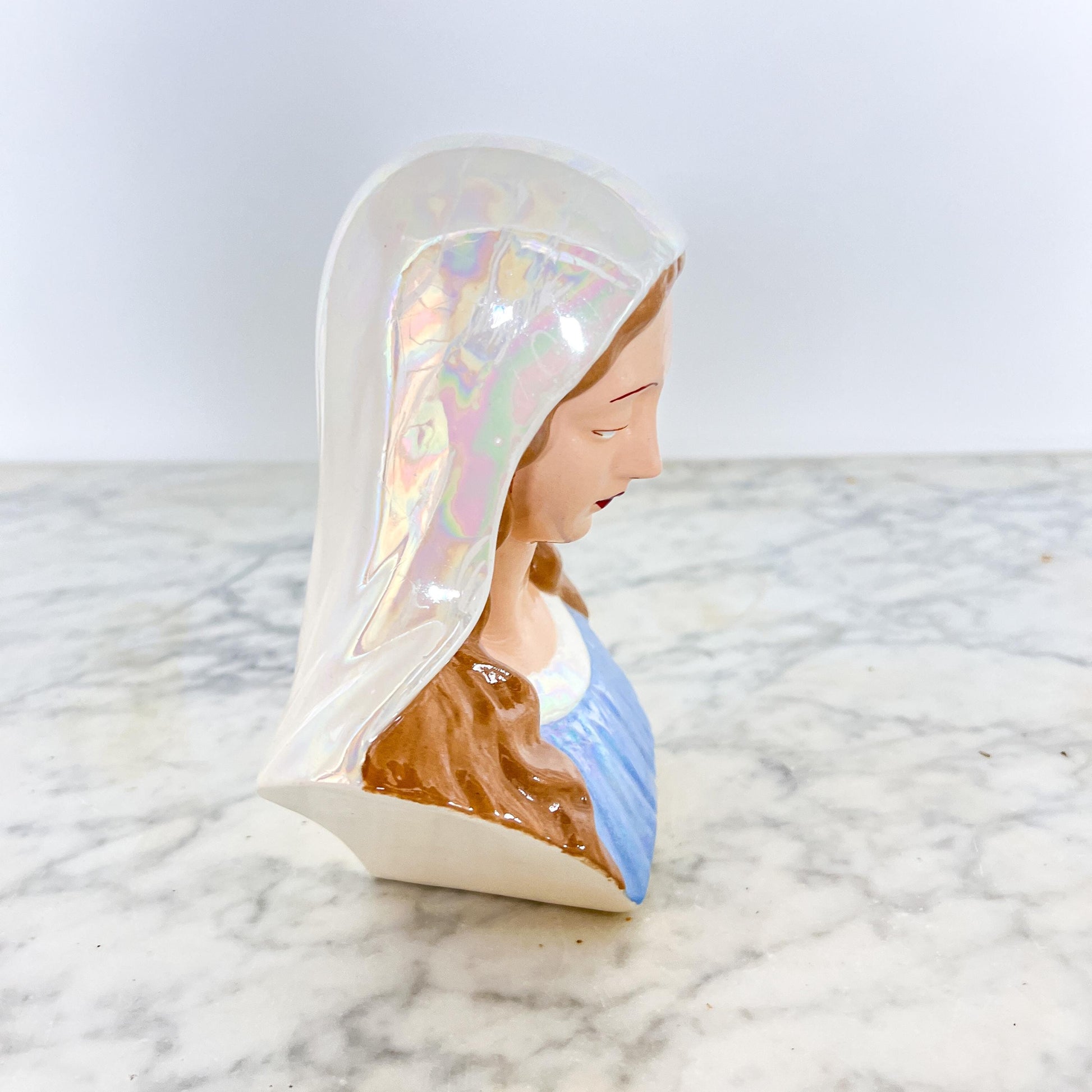 Mid-Century Madonna Bust – Blue Ceramic Religious Figure
