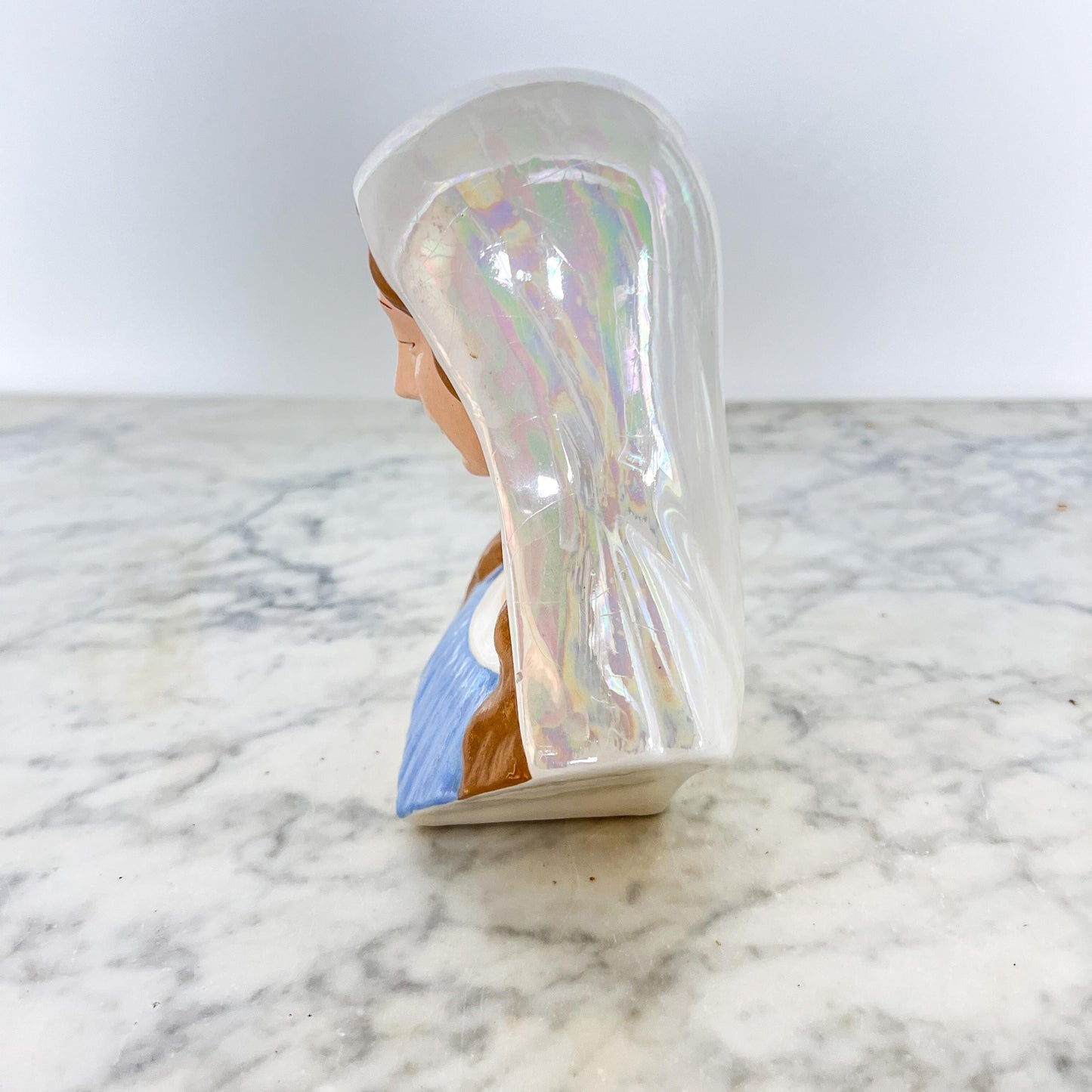 Mid-Century Madonna Bust – Blue Ceramic Religious Figure