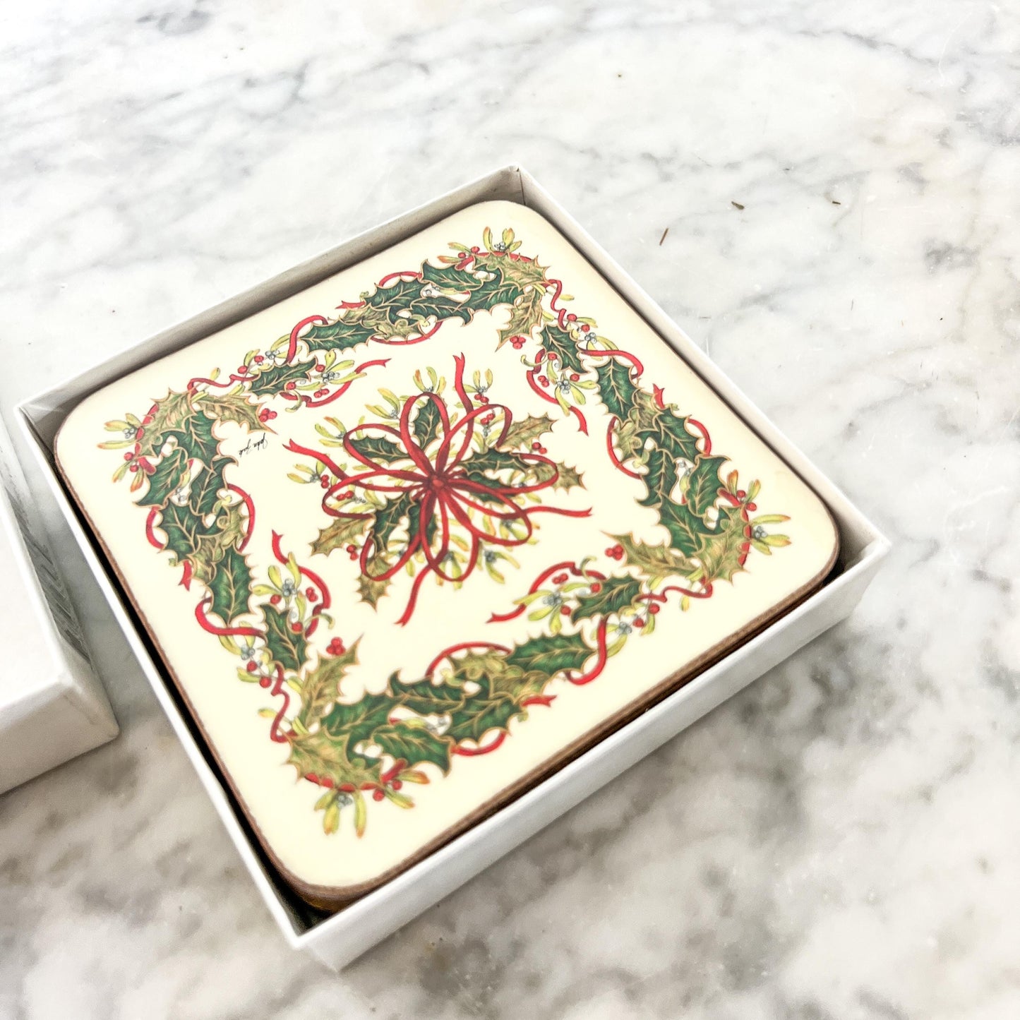 Pimpernel Festive Garland Coasters with Holly Wreath - Set of Six with Original Box