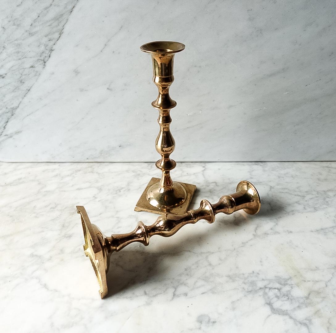 Vintage Brass Candlesticks – Tall Taper Holders with Square Base (Pair)