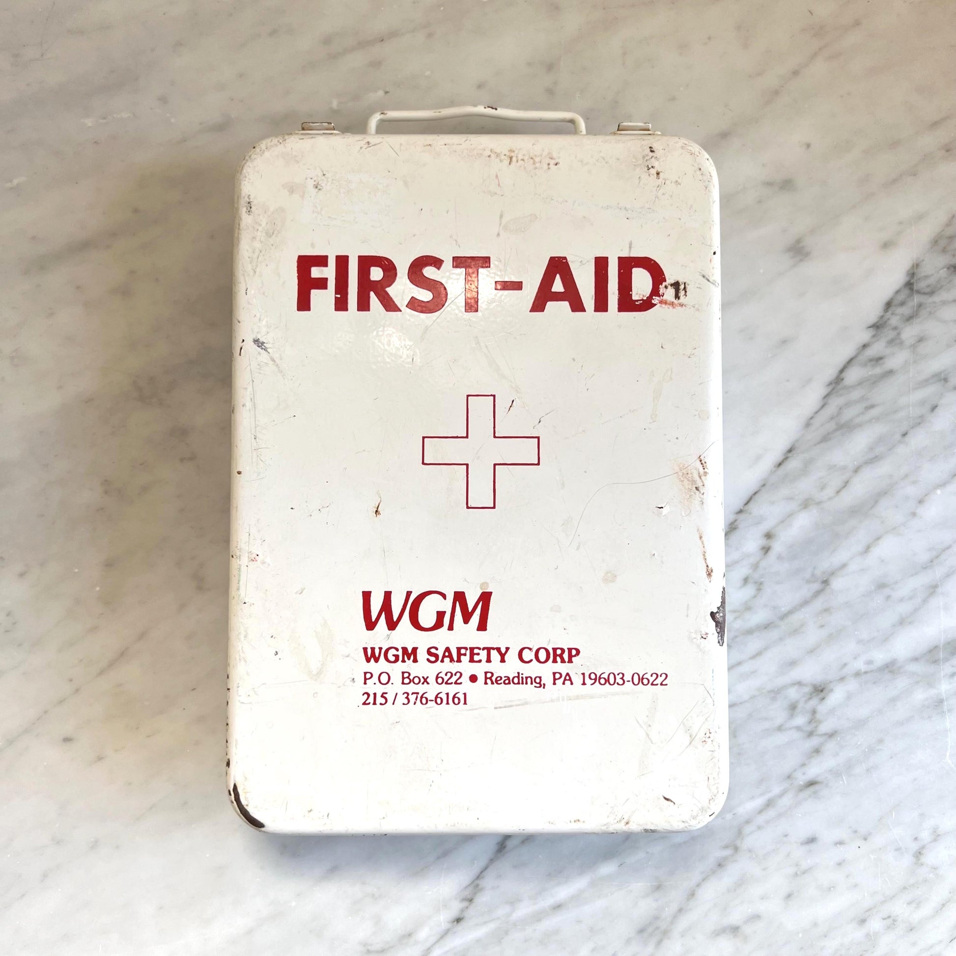 Vintage Metal First Aid Box – WGM Safety Corp Red & White Industrial Tin