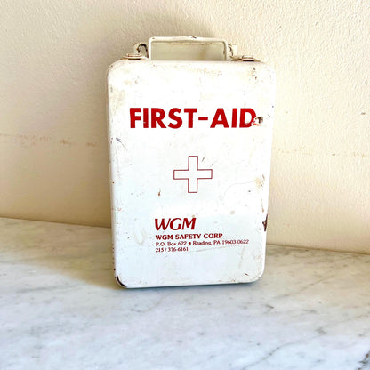 Vintage Metal First Aid Box – WGM Safety Corp Red & White Industrial Tin