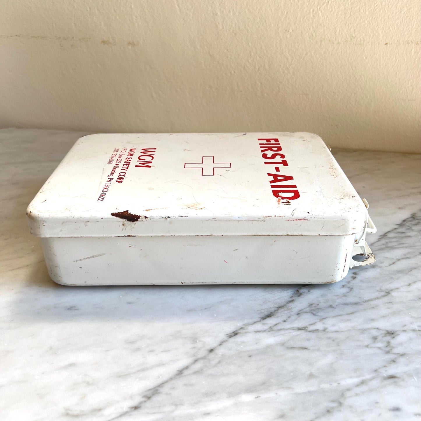 Vintage Metal First Aid Box – WGM Safety Corp Red & White Industrial Tin