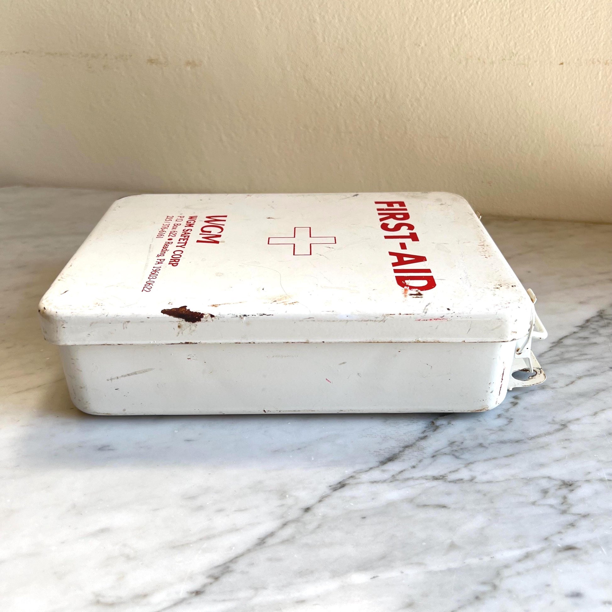 Vintage Metal First Aid Box – WGM Safety Corp Red & White Industrial Tin