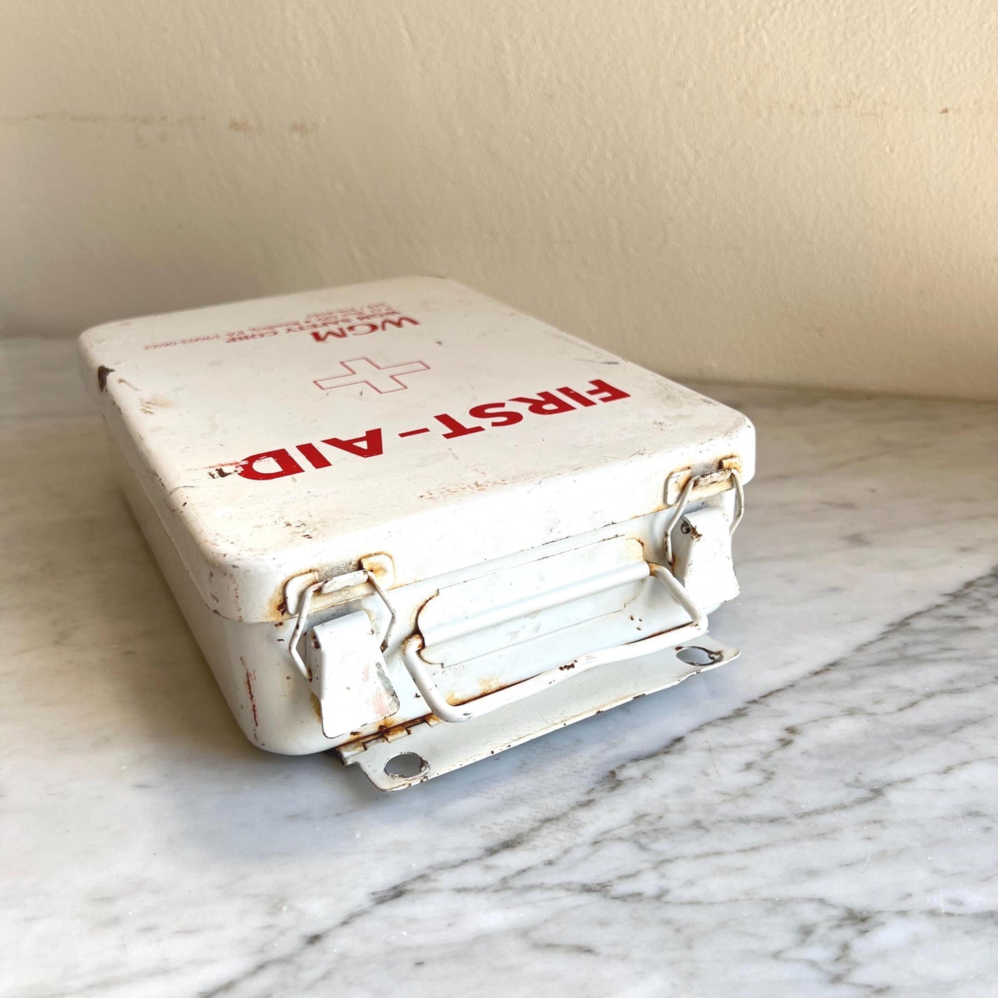 Vintage Metal First Aid Box – WGM Safety Corp Red & White Industrial Tin