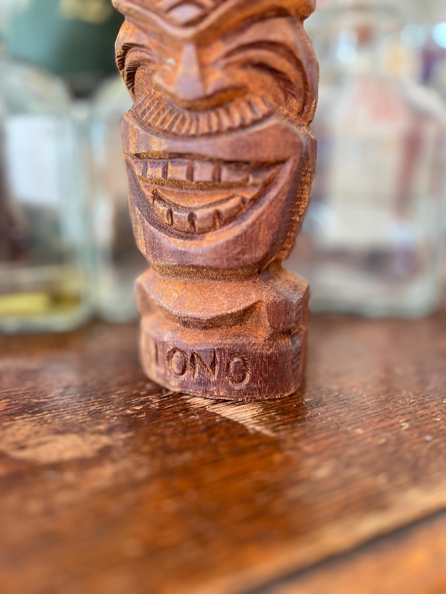 Vintage Carved Wooden Tiki Statue • LONO Hawaiian God Figure • Mid-Century Wood Decor