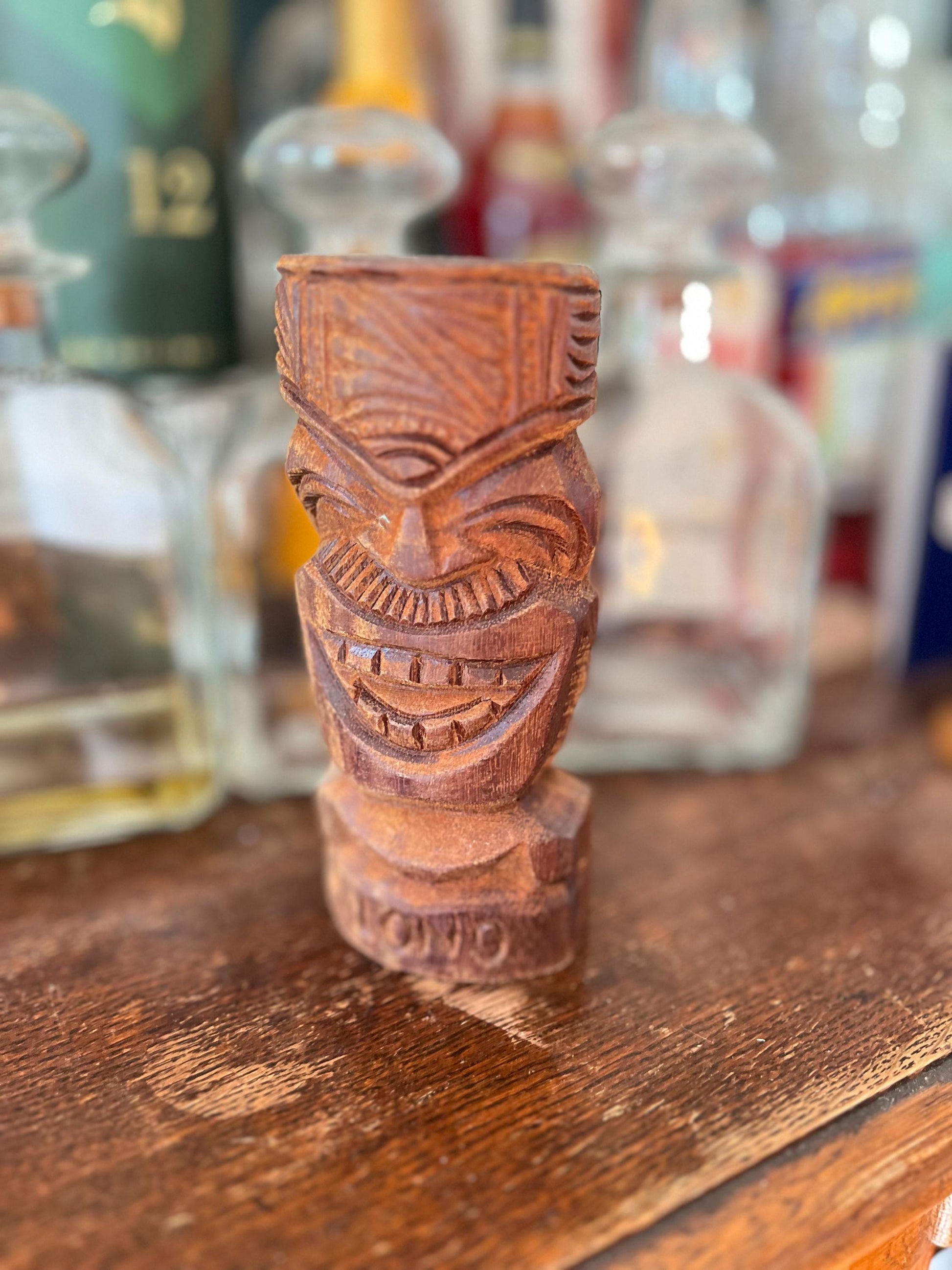 Vintage Carved Wooden Tiki Statue • LONO Hawaiian God Figure • Mid-Century Wood Decor