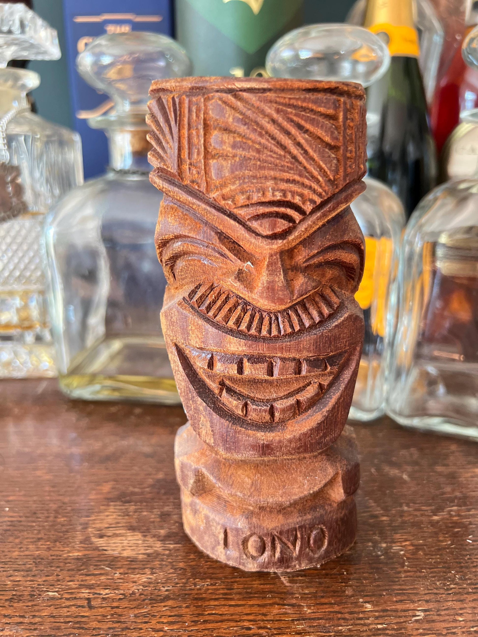 Vintage Carved Wooden Tiki Statue • LONO Hawaiian God Figure • Mid-Century Wood Decor