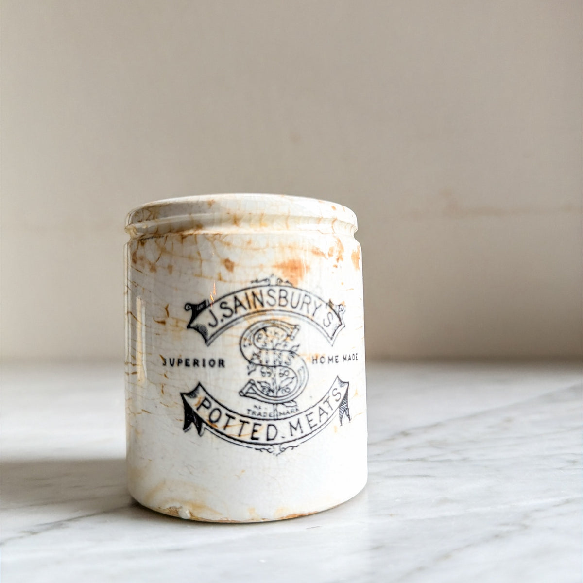 Vintage J. Sainsbury's potted meats ceramic pot front with transfer logo