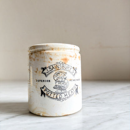 Vintage J. Sainsbury's potted meats ceramic pot front with transfer logo