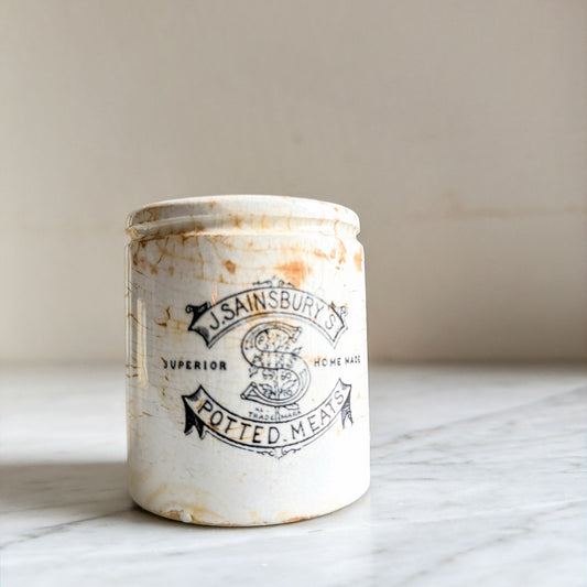 Vintage J. Sainsbury's potted meats ceramic pot front with transfer logo