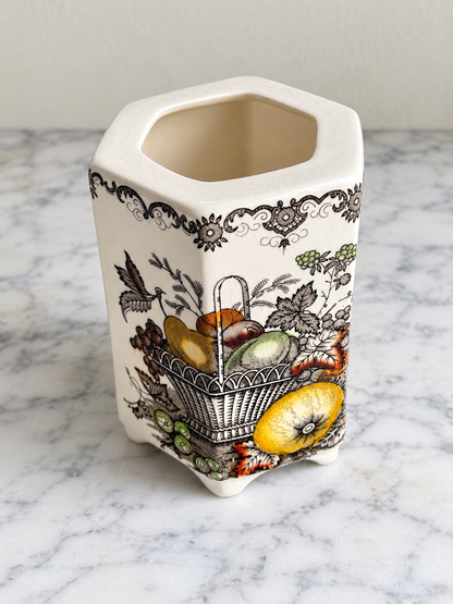 Vintage Mason's Patent Ironstone Fruit Basket vase, angled view