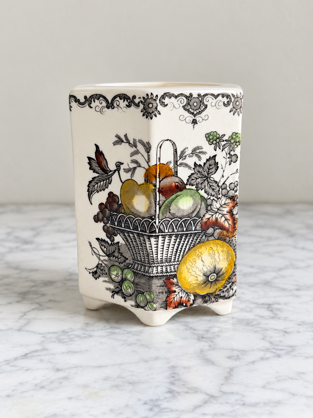Vintage Mason's Patent Ironstone Fruit Basket vase, front view