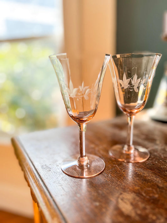 2 Vintage Pink Etched Depression Glass Champagne Coupe, Pair of White Wine Glasses, Vintage Barware, Holiday Stemware