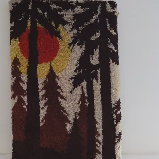 1970s Latch Hook Sunset Forest Tapestry: Mid-Century Modern Wool Wall Hanging