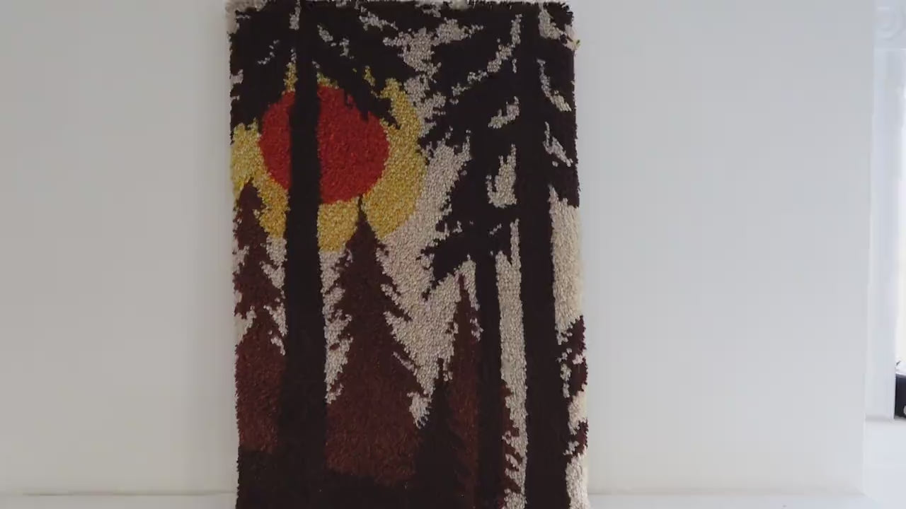1970s Latch Hook Sunset Forest Tapestry: Mid-Century Modern Wool Wall Hanging
