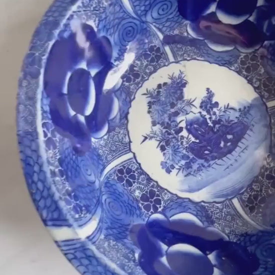 Antique Japanese Arita Bowl: 19th Century Blue and White Domburi (Flawed)