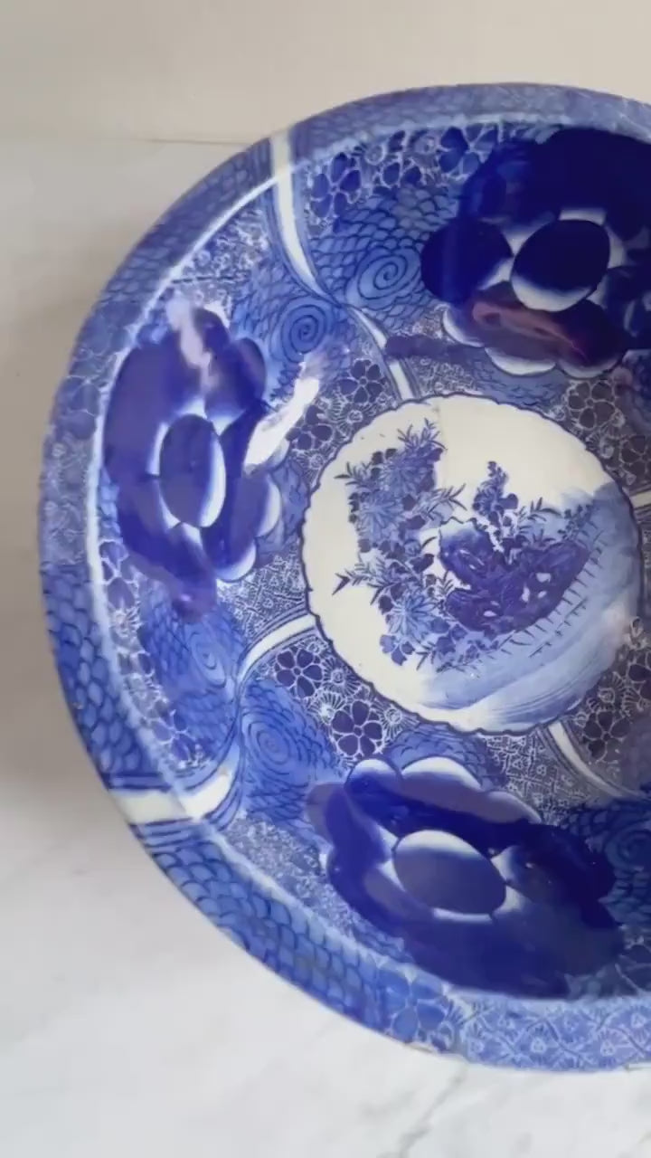 Antique Japanese Arita Bowl: 19th Century Blue and White Domburi (Flawed)