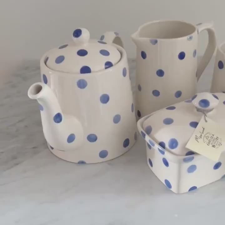 Vintage Moorland Blue Dot Tea Set: Staffordshire Pottery, England