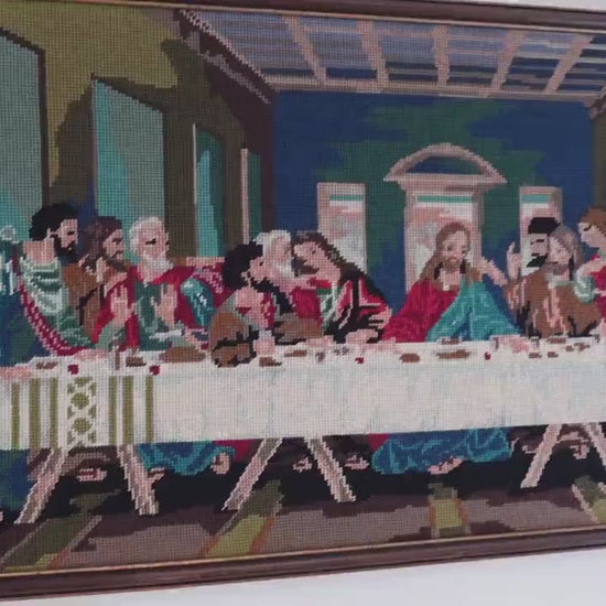 Framed Last Supper Needlepoint: Mid-Century Religious Textile Art (19x36