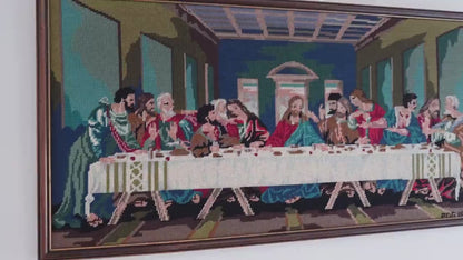 Framed Last Supper Needlepoint: Mid-Century Religious Textile Art (19x36