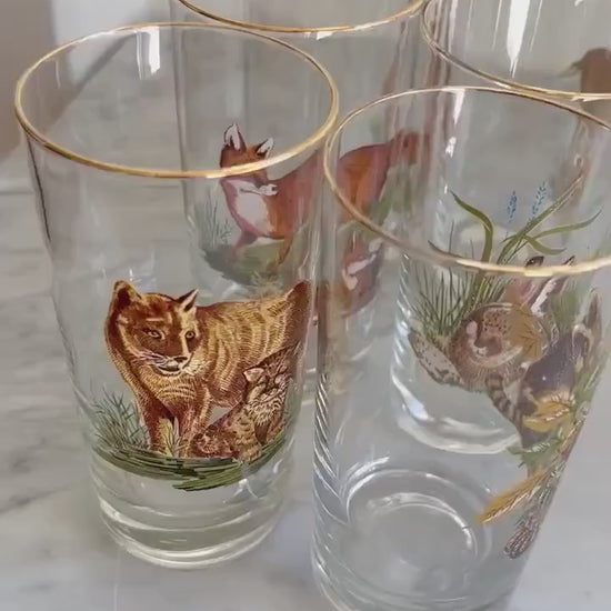 Mid Century Hunt Theme Cocktail Glasses Set with Pitcher by West Virgina Glass Co , Vintage Barware, Country Cabin Decor, Vintage Flicker