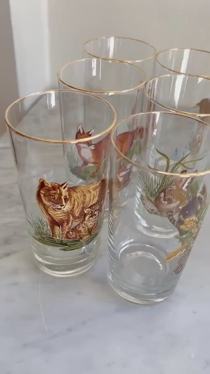 Mid Century Hunt Theme Cocktail Glasses Set with Pitcher by West Virgina Glass Co , Vintage Barware, Country Cabin Decor, Vintage Flicker