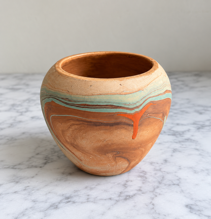 Vintage Nemadji pottery vase front view with green, rust and cream marbled swirl