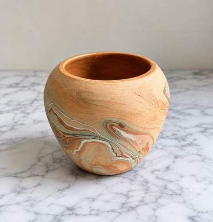 Vintage Nemadji pottery vase reverse view with marbled swirl pattern