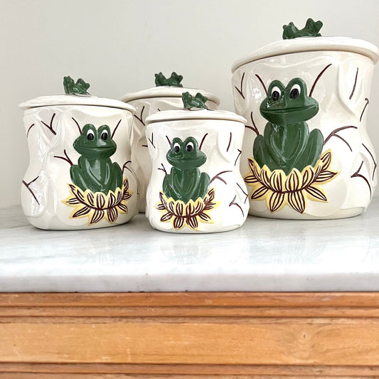 1970s Neil the frog canister set, Frog Canisters, Vintage Storage, Kitsch Kitchen Decor, Handmade & Handpainted Kimple Mold Corp