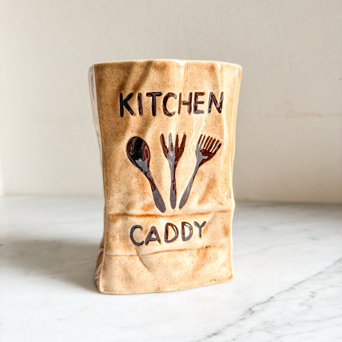 Vintage ceramic kitchen caddy utensil holder front view