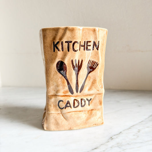 Vintage ceramic kitchen caddy utensil holder front view
