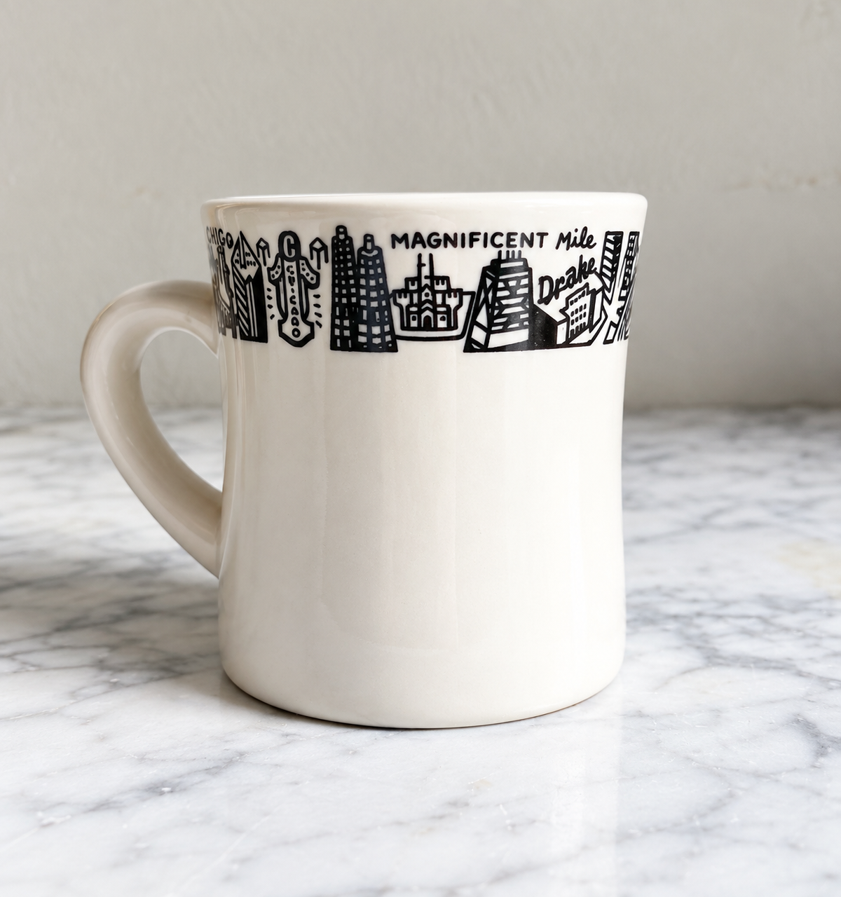 Vintage Chicago Magnificent Mile diner mug with black skyline illustrations