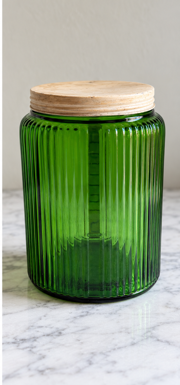 Back view of vintage Owens-Illinois emerald green ribbed glass Hoosier-style coffee canister
