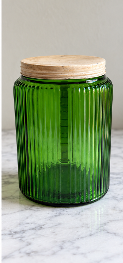 Back view of vintage Owens-Illinois emerald green ribbed glass Hoosier-style coffee canister