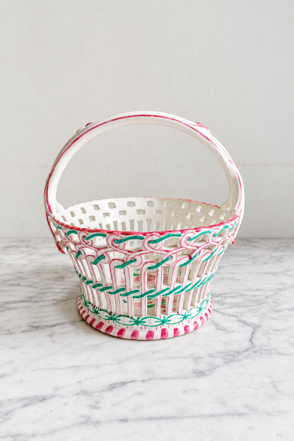Vintage hand-painted reticulated ceramic basket with pink and green details