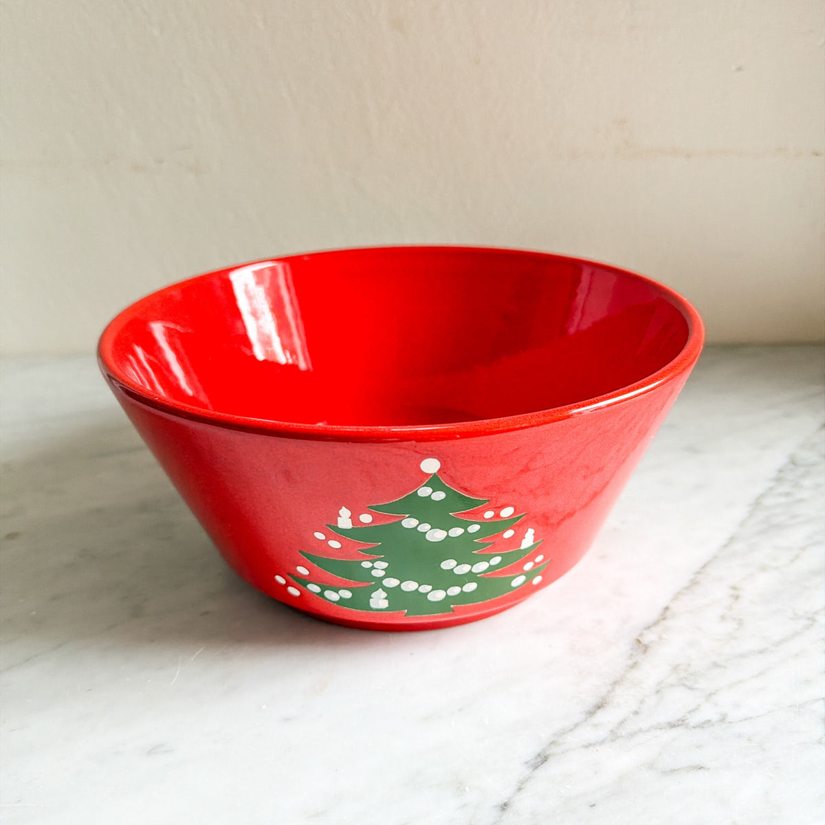 Vintage Waechtersbach red Christmas tree ceramic bowl angled view