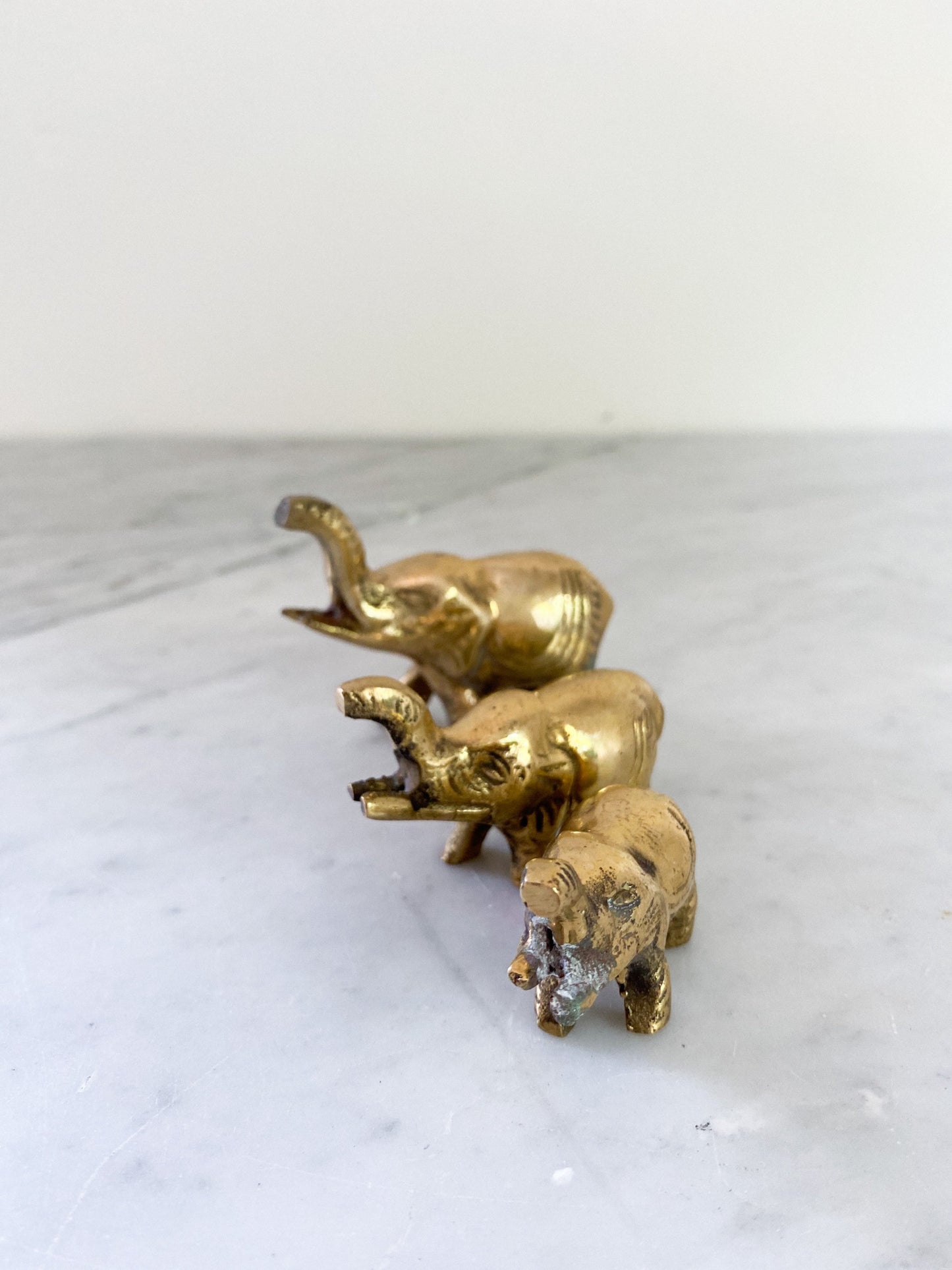 Trio of Vintage Brass Elephants Figurine Good Luck Charms