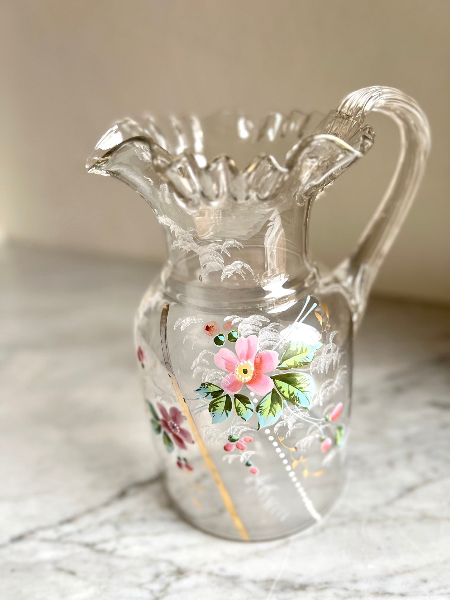 Victorian Lemonade Pitcher, Handpainted Glass Juice Pitcher,EAPG HandBlown Glass Jug, Collectible American Glass, Floral Pattern Crimped Rim